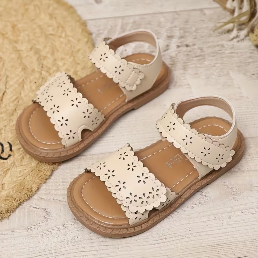 Simple Floral Slip-on Sandals w/ velcro, toddler girl size 7.5, solid beige